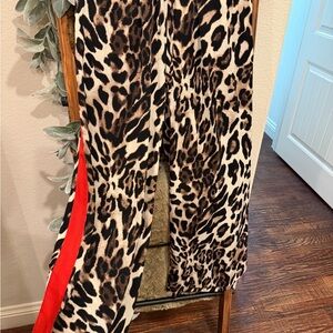 Q2 Leopard-Print Wide Leg Pants with Red Side Stripe